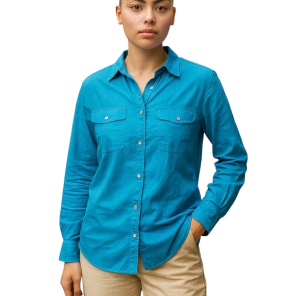 J. Jill 100% Linen Turquoise Blue Classic Old Money Button Up Top Sz XS - Picture 1 of 11